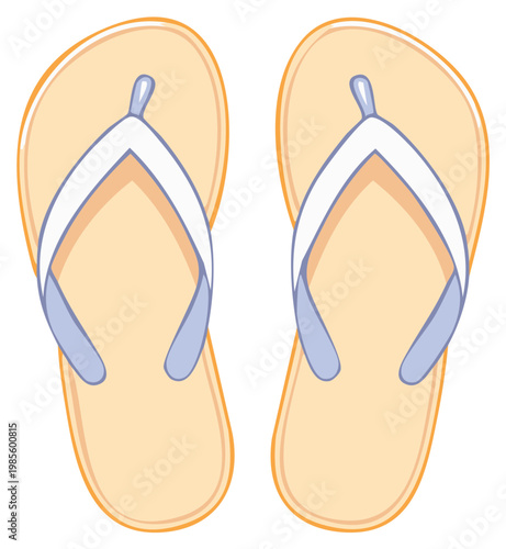 Vector illustration of a pair of summer flip-flops featuring beige soles and white blue straps
