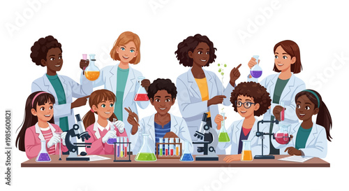 A diverse group of young girls and women, dressed in lab coats, are depicted in a colorful vector illustration, eagerly conducting science experiments with test tubes and microscopes