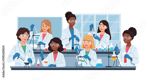 Diverse group of young female scientists conducting experiments with beakers and flasks on a lab bench, wearing white coats and safety glasses, illustrated in a bright, inviting style