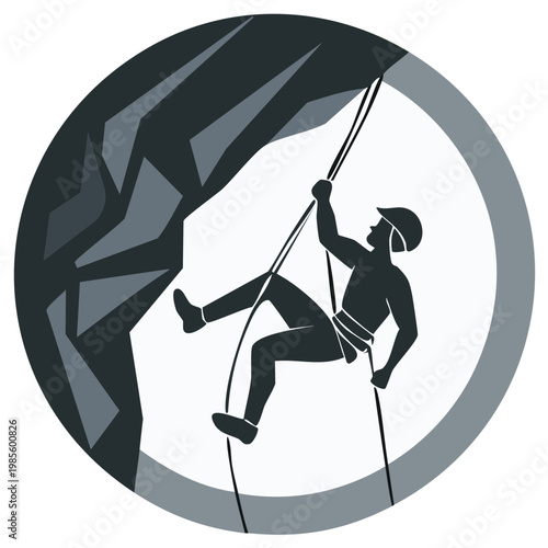 Person rappelling down a rocky cliff illustration. Outdoor adventure sport activity icon in a circular design.