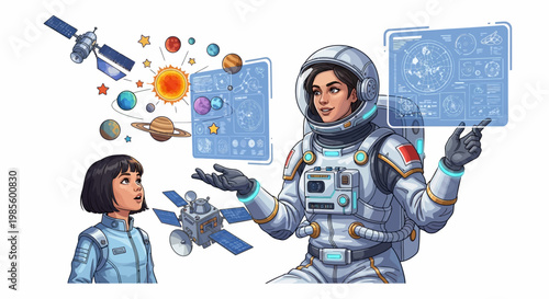 Detailed illustration of an astronaut explaining the solar system to a young girl, complete with planets, satellites, and interactive screens, all set against a clean white background