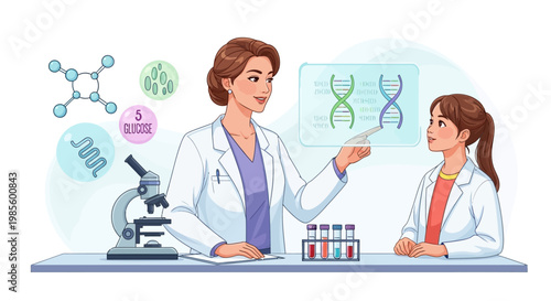 A woman in a lab coat points to a DNA graphic while teaching a young girl about science in a brightly lit laboratory setting, with a microscope and test tubes on the table