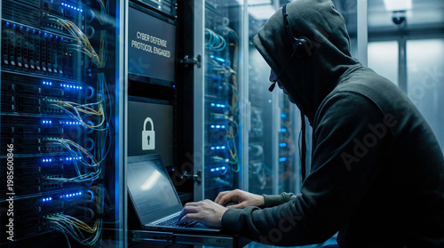 Anonymous male hacker wearing hoodie using laptop computer inside dark server room with glowing blue cables cracking security systems for illegal data theft
