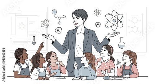A teacher gesturing towards molecule illustrations while surrounded by young students looking up in a classroom, presented in a flat, vector style with a bright and educational mood