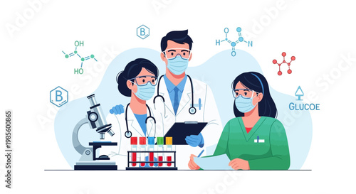 Illustration featuring a medical team of doctors and a nurse wearing masks and lab coats, standing around a table with a microscope and test tubes against a white background with floating