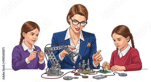 Illustration of a woman in a blue suit teaching two young girls about robotics, showing them how to assemble a mechanical arm with a white background, creating a bright and educational scene