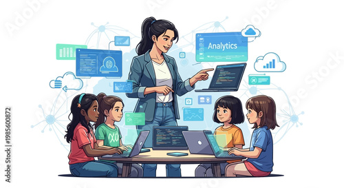 A female teacher is shown educating a small diverse group of children with laptops, surrounded by tech-related icons, in a brightly lit classroom with a clean, white background and a focus