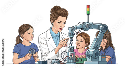 Illustration of a female engineer guiding three attentive young girls working with a robotic arm and electronics, set against a white background with a educational and inspiring mood