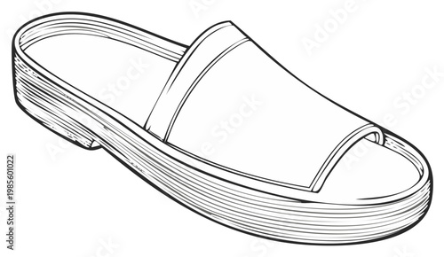 Single contoured slide slipper detailed line art illustration. Fashion footwear design. Flat sandal monochrome rendering.