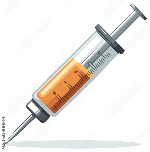Medical syringe filled with orange liquid and needle