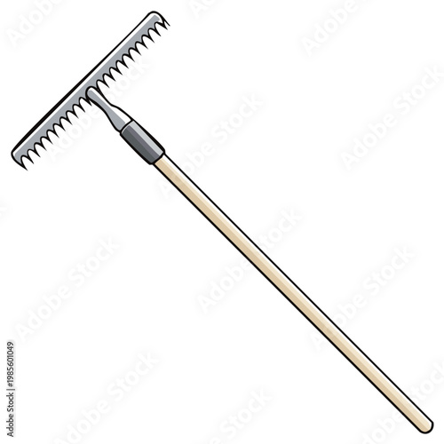 Cartoon illustration of a garden rake with wooden handle and metal teeth.