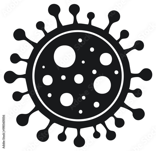 Black and white simplified icon of a virus with spiked crown