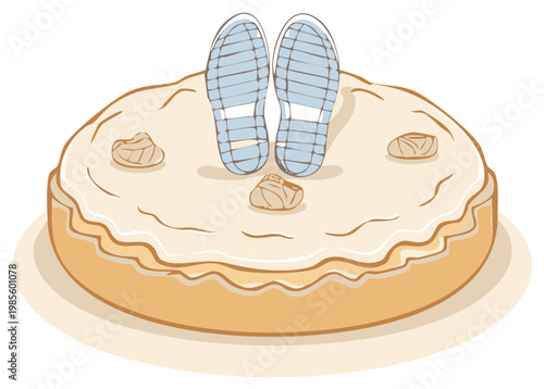 Pair of athletic shoe soles resting on a huge sweet pie with small decorative elements