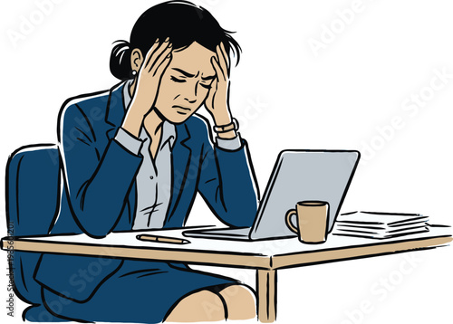 hand drawn illustration business woman with headache, business woman holding his head as his business goes bankrupt or down