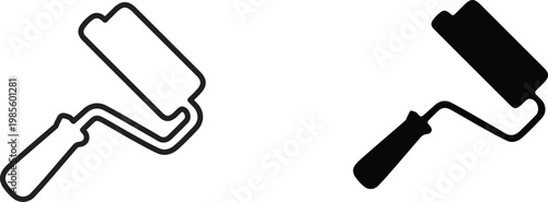 Paint roller icon set, minimalist black outline and solid silhouette vector graphics, home renovation and interior wall painting tools