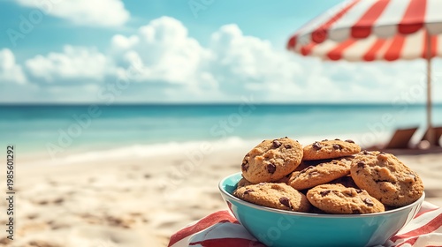 Cookies on bowl under a parasol on a beach picnic setting on beach