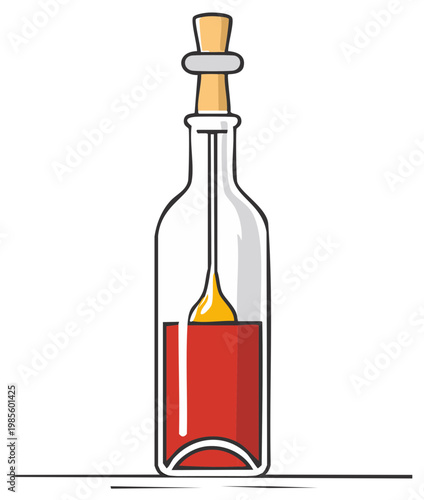 Simple graphic illustration of a clear glass bottle containing a vibrant red liquid with a golden drop falling