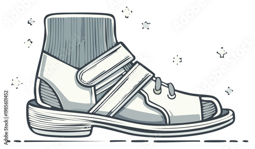 Illustrated vector drawing of a white shoe with strap and sock detail, isolated