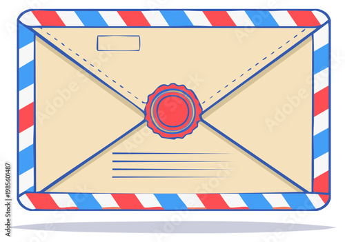 Vintage style envelope with red blue and white stripes and a red wax seal
