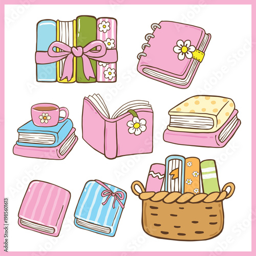 Cute Stack Book With Flower Set Cartoon Hand Drawn
