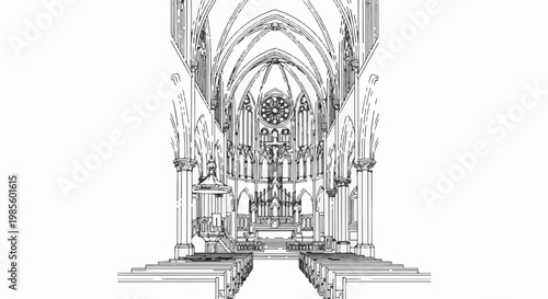 Detailed sketch of a grand cathedral interior with vaulted ceilings and stained glass