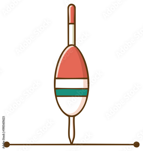 Colorful Fishing Float Illustration. Cartoon of bobber with hook on brown line.