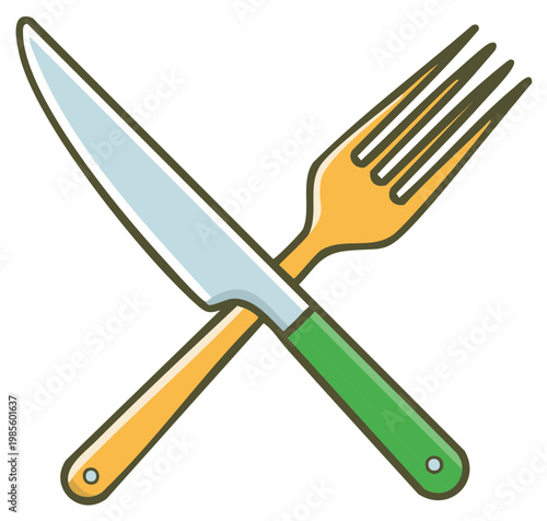 Crossed Knife and Fork Icons with Colorful Handles for Dining and Culinary Concepts