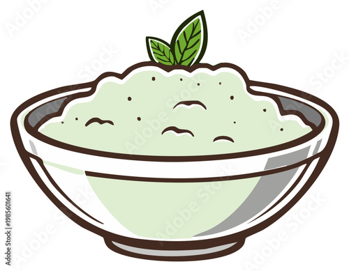 Bowl of Creamy Green Dip Topped with Fresh Mint Leaves Graphic Illustration