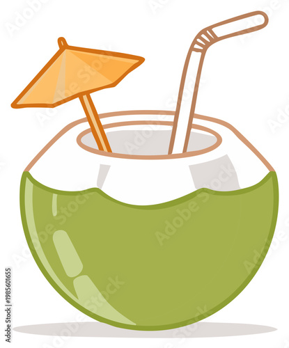 Refreshing green coconut drink with straw and umbrella