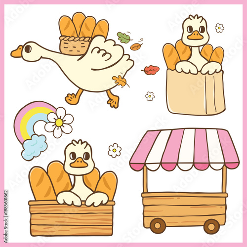 Cute Goose With Baguette and Outdoor Produce Stall Hand Drawn illustration