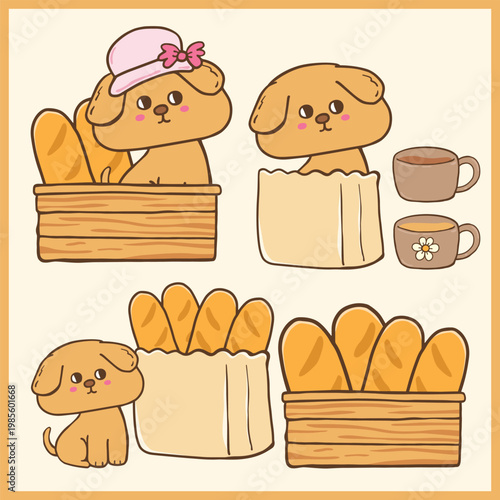 Fresh Baked Bread Loaf in Wooden Crate With Puppy hand drawn illustration