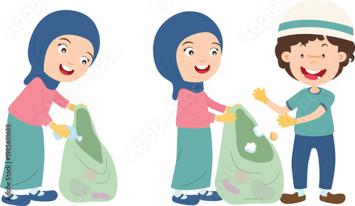 Muslim Children Cleaning Up Litter Outdoors.Collecting Trash in a Bag