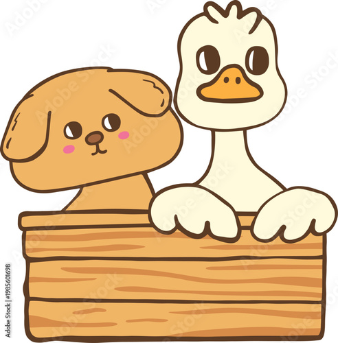 Cute Dog and Goose in Wooden Crate hand drawn illustration