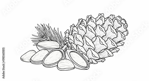 Black and white illustration of a pine cone with pine nuts