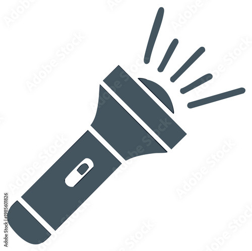 Stylized dark teal flashlight emitting beams of light, an icon for emergency preparedness or exploration.