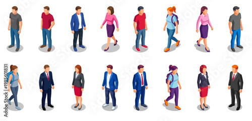 Isometric people character set with walking and standing figures | Professional and casual men and women collection for architectural visualization