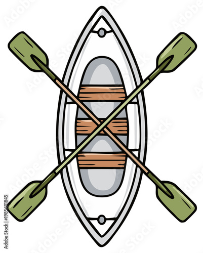 White rowboat with green oars crossed on interior seats from an aerial perspective simple illustration