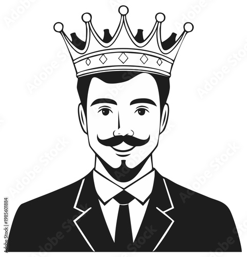 Retro style man portrait wearing a crown, dressed in suit and tie vector illustration.