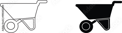 Minimalist wheelbarrow icon set, black and white garden cart vector illustrations, construction equipment symbols for landscaping and farming