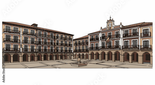 A sketch of a European town square with arched walkways