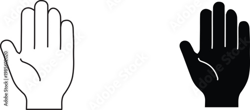 Minimalist human hand icons, black silhouette and outline palm vector set, open hand gesture symbols for UI design and communication