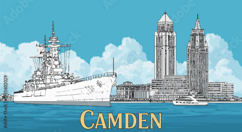 A large naval vessel is docked near a city skyline with skyscrapers and a yacht