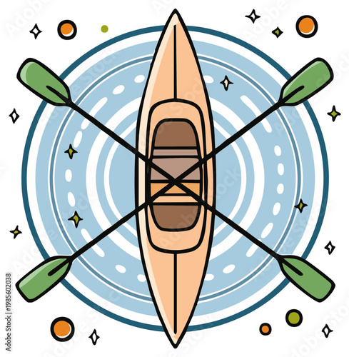 Top View of a Canoe with Paddles on Water with Stars and Circles Illustration