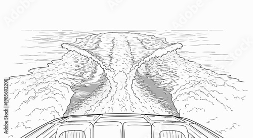 A boat's wake crashes through the ocean water, viewed from the front