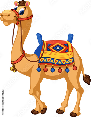 Cute cartoon camel with traditional saddle isolated on white background vector illustration