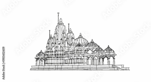 Ornate temple complex with multiple domes and spires, rendered in black outline