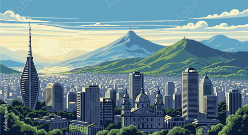 Pixelated cityscape with mountains and skyscrapers under a sunny sky