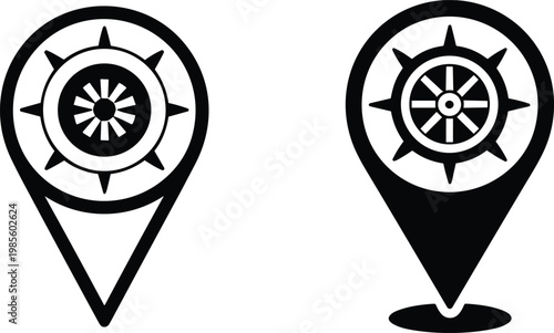Compass location pin vector icons, navigation map direction symbol outline travel gps marker design set
