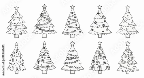 Variety of stylized Christmas trees with different decorations
