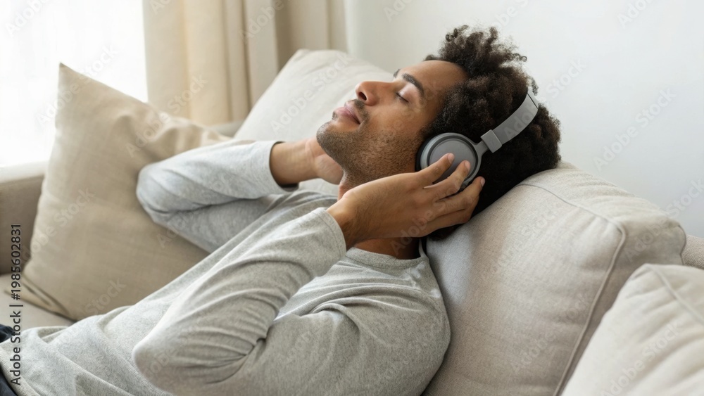 Obraz premium A man relaxes on a sofa with eyes closed, wearing headphones, enjoying music or a podcast in a cozy indoor setting.